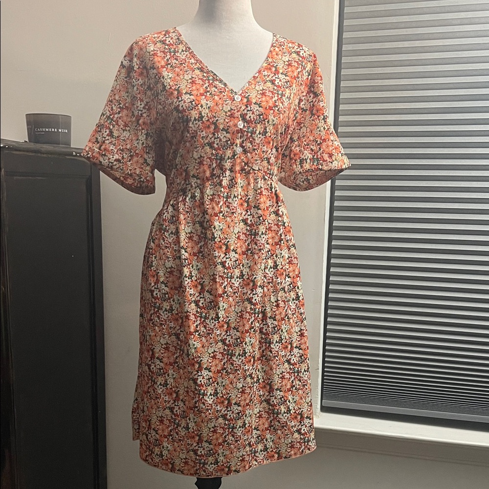 Floral V-Neck Puff Sleeve Dress in Orange Multi
